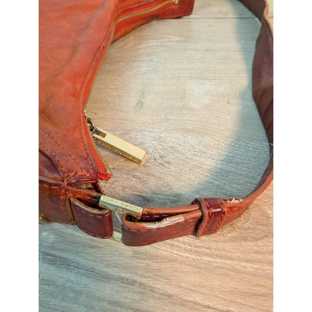 TORY BURCH Hobo PLEATED LEATHER HOBO Shoulder BAG Orange Brown Mirror Flaw